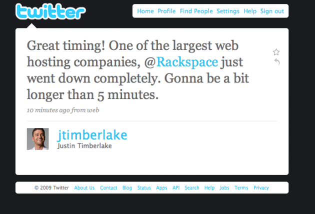 Justin Timberlake tweets about Rackspace Fail