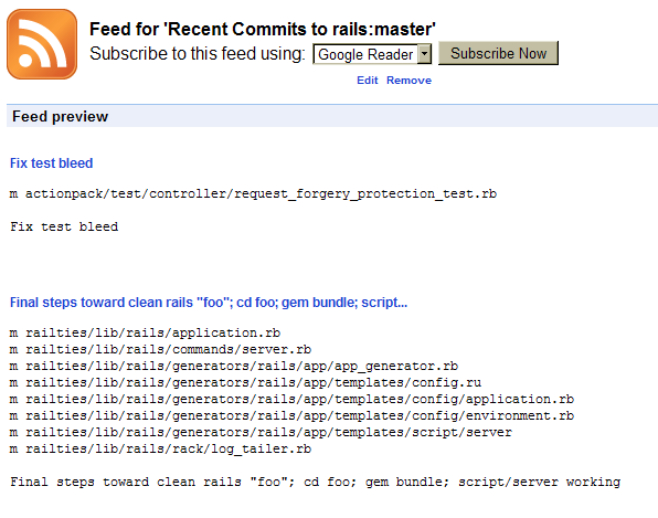 Image of Google Chrome RSS feed extension previewing a feed
